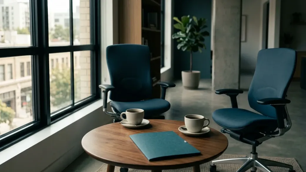 A small round table by a window with two coffee cups and a closed folder