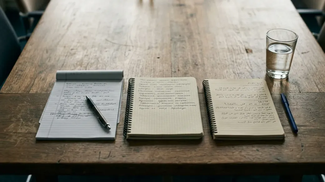 Three notebooks open side by side on a table, each written in a different script