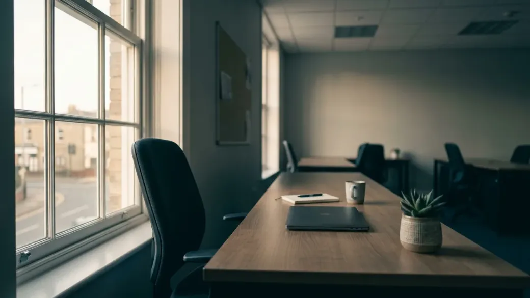 A single desk by a window at the end of the working day, the chair turned away