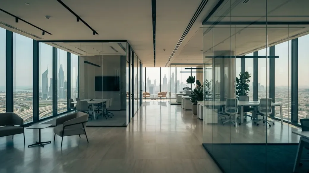 An empty open-plan office in Dubai with glass partitions and a view of the city
