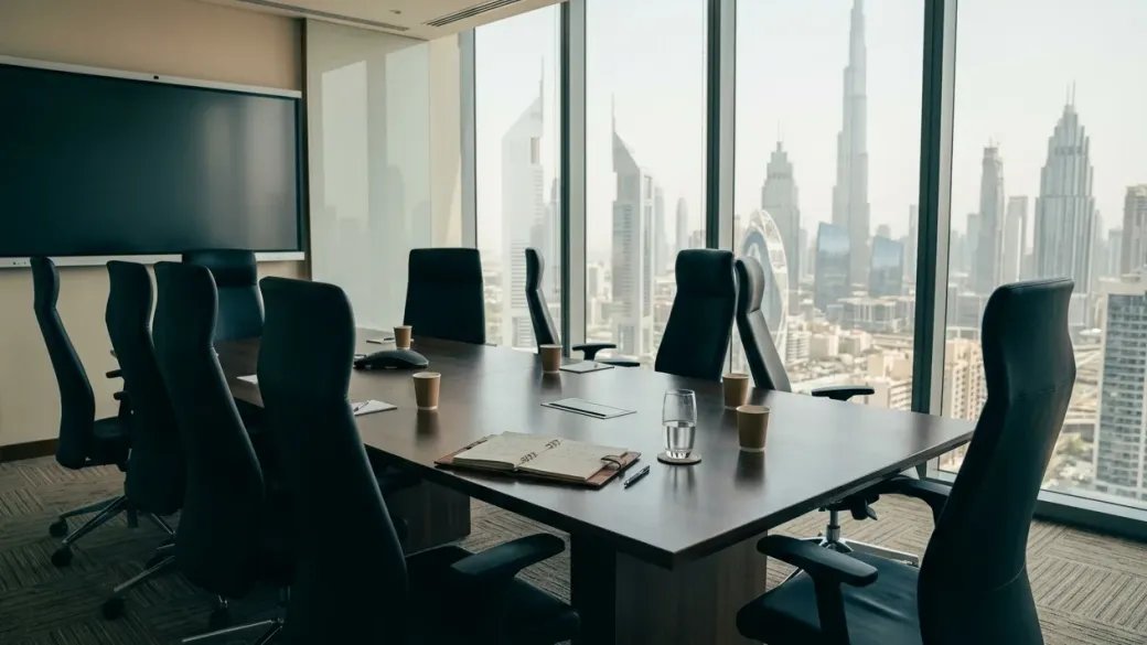 An empty boardroom high in a Dubai tower after a meeting, chairs left at angles