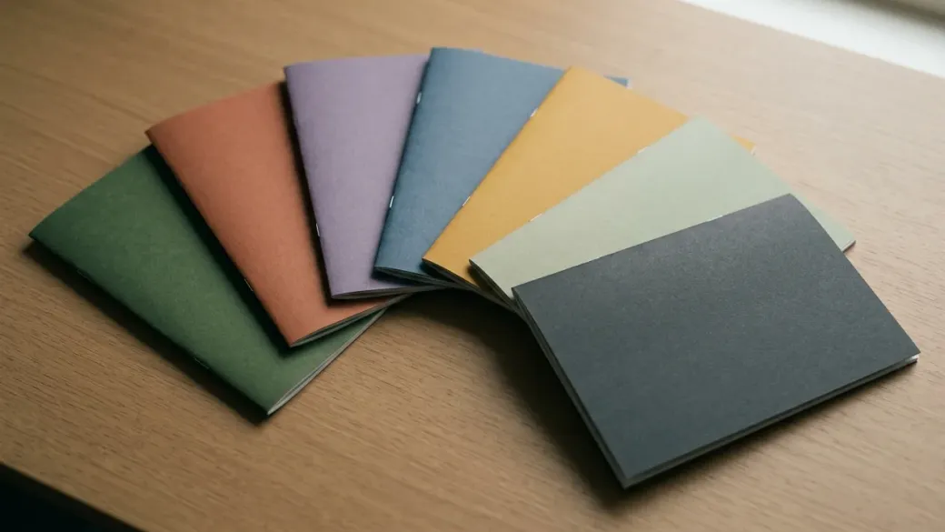 Seven blank booklets in different colours fanned out on a desk