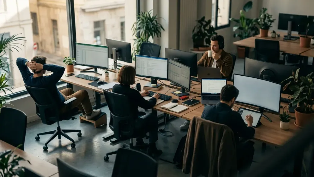 An open-plan office seen from above, four people working in four different ways