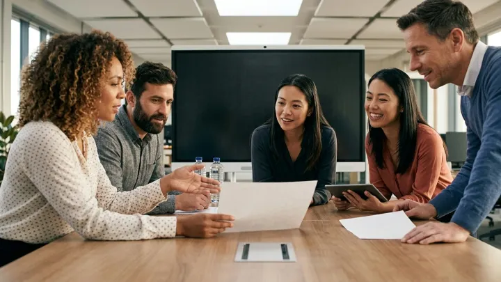 Five colleagues gathered around a table, discussing a document together