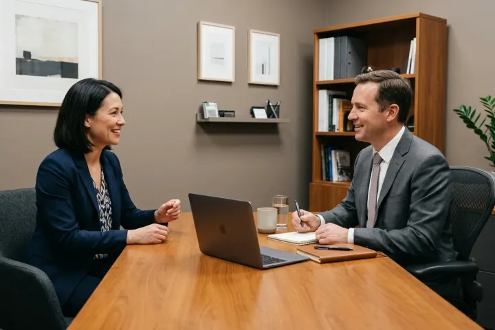 Two colleagues in conversation across a desk in a quiet office