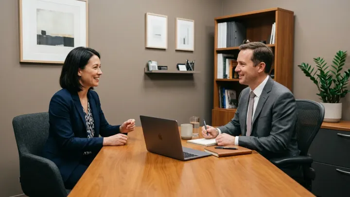 Two colleagues in conversation across a desk in a quiet office